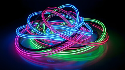 A macro concept of colorful elastic rubber bands and electrical wire cables forming an abstract wave of blue, red, and green lines isolated on white