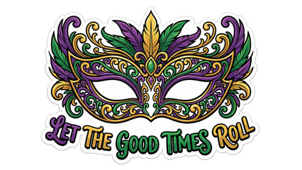 Mardi Gras Sticker Design A colorful Mardi Gras sticker design on transparent background featuring a mask