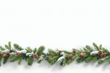 Winter evergreen branches and pinecones bottom border background