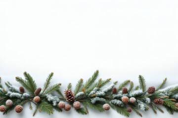 Winter evergreen bottom border with pinecones and snow