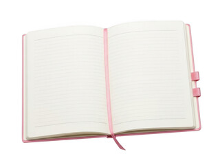 Open pink notebook on transparent background