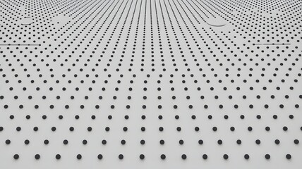 A precise grid of small black circular pegs arranged uniformly on a bright white flat surface receding into an abstract infinite background under soft even stud