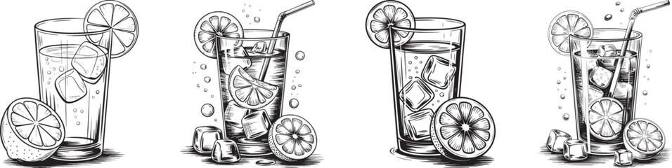 iced lemon drink illustration black and white vintage engraving beverage set