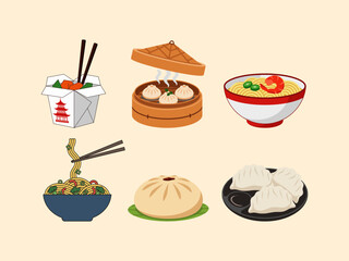 Variety of traditional Asian dumplings and noodles in bowls