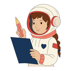 Vector illustration of a girl astronaut holding a pencil and paper. Concept of learning, creativity, education, science and space exploration