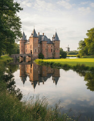 Naklejka premium Majestic European Fortress Reflecting in Serene Waters Surrounded by Lush Greenery