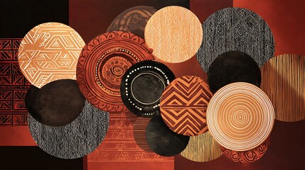 Colorful collage of patterned circles and textured surfaces with warm and earthy hues