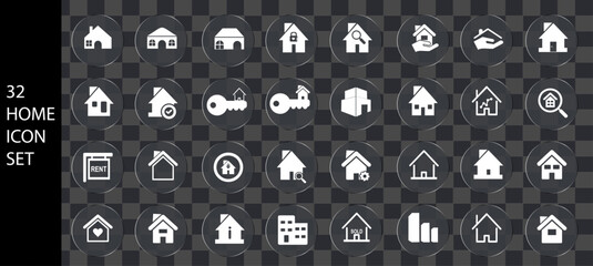Home and Real Estate Icon Set. White vector housing symbols for mortgage, property, and insurance on transparent background. glass icon set. icon set with glass effect.