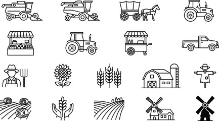PrintSet of agriculture icons featuring tractors, combine harvesters, farm buildings, windmills, organic wheat, rural landscapes, local market stalls, and farming equipment, © MstMahannahara