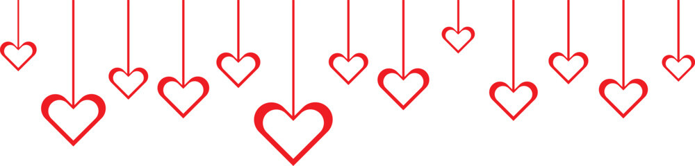 Hanging red heart outline border decorations for valentines day or love concept