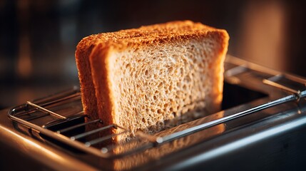 Close-up of golden-brown toast slices within a stainless steel toaster, glowing