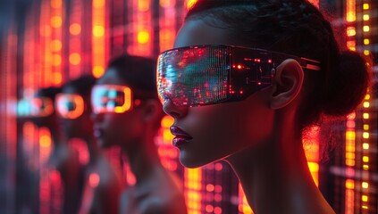 Multiple women in profile wear futuristic digital visors displaying code, against a blurred red-orange grid