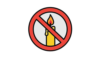 Simple graphic design illustrating a universal prohibition sign overlaid on a lit yellow wax candle signifying that open flames are strictly forbidden in this area