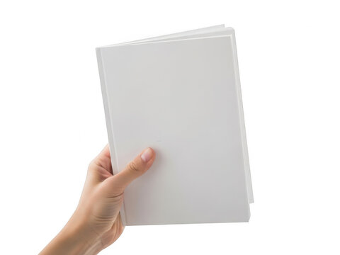 Hand holding blank notebook pages isolated on transparent background
