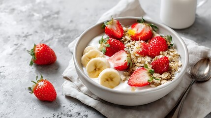 A healthy breakfast bowl of yogurt, oats, sliced bananas, and fresh strawberries, with a mug