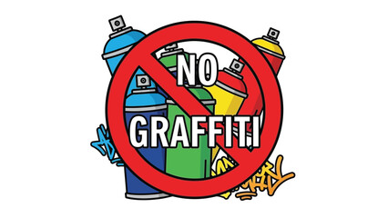 Prohibition sign clearly indicating no aerosol spray paint use against unauthorized street art and vandalism with colorful cans visible underneath the circle.