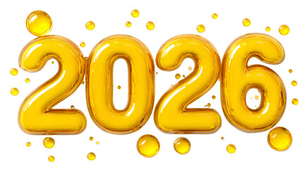 Shiny golden inflatable numbers "2026" float against a dark background, with glowing orbs