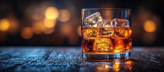 A glass of amber drink with ice on a textured wooden table, illuminated by warm, blurred background lights