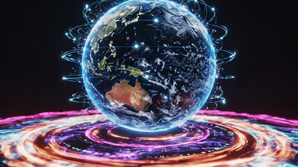 Globe with neon lights and colorful circular patterns on a dark background 4k video - Powered by Adobe