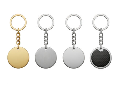 Four keychains with different designs isolated on transparent background