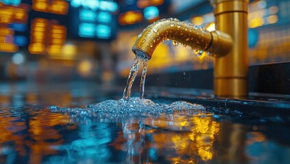 Golden tap flows water into a shimmering pool, bokeh lights creating a vibrant, blurred background
