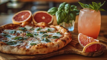 Close-up of pizza, cocktail, and grapefruit slices on wooden serving board with basil