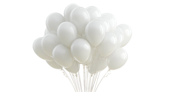 A cluster of white, round balloons on strings, realistically rendered against a void background
