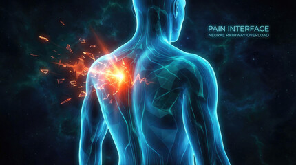 Human figure with glowing shoulder area against a dark background with abstract light effects and anatomical representation