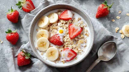 Overhead shot of a healthy breakfast bowl with fruit and oats, styled on a textured gray cloth