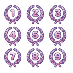 イラスト素材＿月桂樹の数字アイコンセット・飾りフレーム、エンブレム