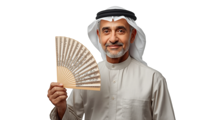 A smiling Arab man holding a fan on transparent background