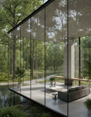 Fototapeta premium Modern Glass Structure Showcasing Forest Views with Contemporary Interior Design Elements