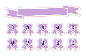 イラスト素材・リボンのフレームとハートのメダルセット、数字、