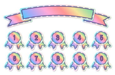 イラスト素材・リボンのフレームと数字とホログラムとグラデーションカラーのメダルセット