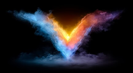 Colorful, fiery V is projected on a black background. The V is made up of three different colors