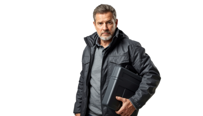 A middle-aged man holding a briefcase on transparent background
