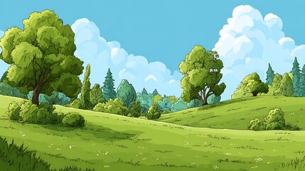 Cartoonish, panoramic depiction of a lush, grassy meadow under a bright blue, cloud-filled sky