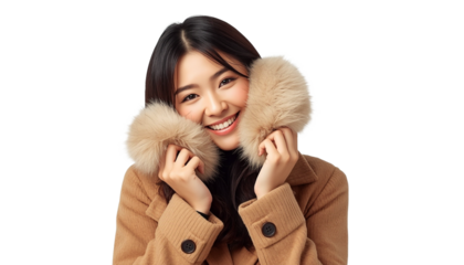 A young woman wearing a brown winter coat with fur on transparent background