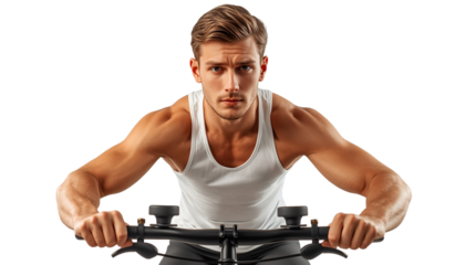 A muscular man exercising on a stationary bike on transparent background