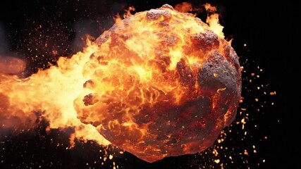 High-definition volcanic fireball with glowing lava and flame plume on black background, cinematic VFX element for motion graphics and ads