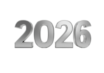Prominent 3D '2026' numeral, lustrous silver metallic with bevelled edges, casting soft shadows on transparent background, copy space, high-key studio light, concept of luxury and future