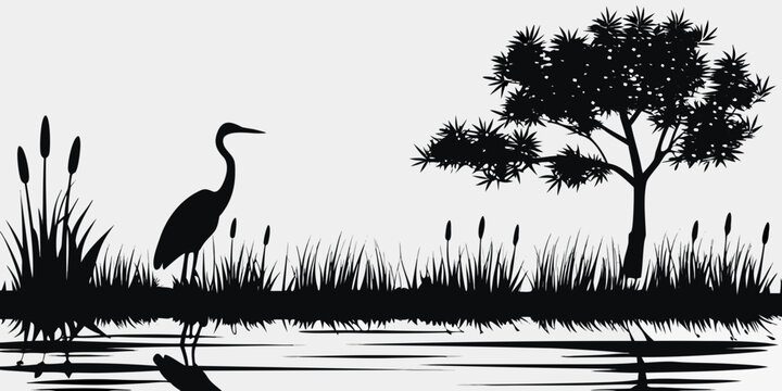 A serene black and white silhouette of a heron in a wetland landscape