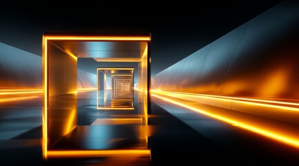 Series of orange and yellow lighted squares are reflected in a mirror. The squares are arranged in a row