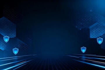 Generative AI futuristic digital security environment with glowing shields and hexagonal data