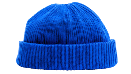 Vivid blue beanie hat isolated on a black background, showing ribbed knit texture