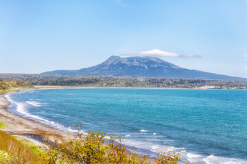 View of Mendeleev volcan and Pacific coast. Kunashir. Southern Kurils