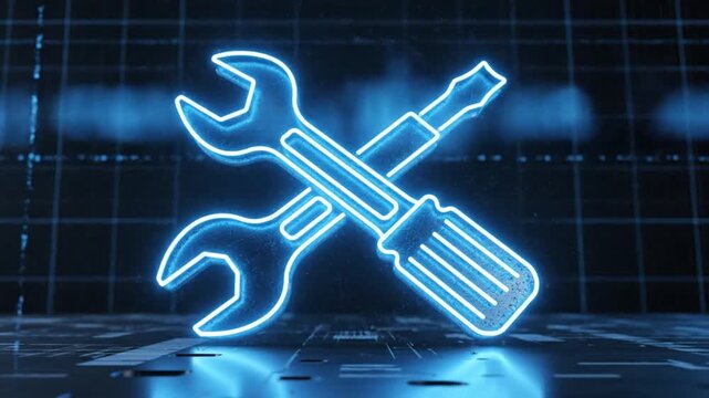 Neon blue glowing wrench and screwdriver crossed tools