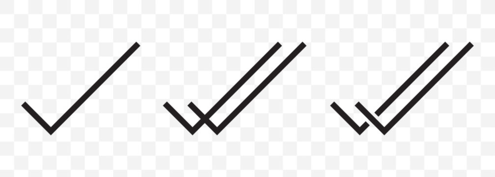 Double check mark icons in black representing confirmation and verification. Double checking icon. Black double tick, check mark. Flat done sticker icon. Accept button On Transparent Background. EPS10