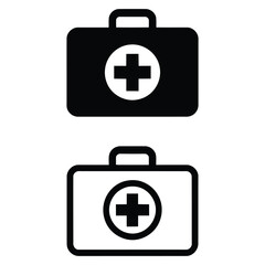 Obraz premium First aid kit icon set showing solid and outline styles representing medical emergency healthcare safety and treatment concept in flat vector design isolated on white background