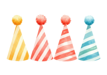 Four distinct watercolor party hats with vertical white stripes and fluffy pom-poms in yellow-gold, coral red, forest green, sky blue, on a transparent background with copy space. Birthday